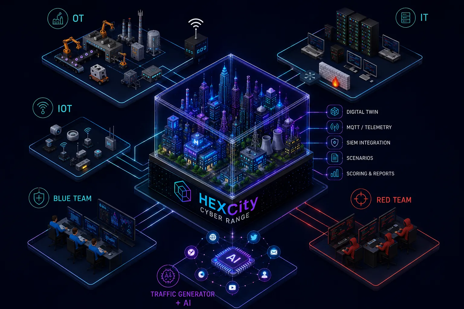 Live range architecture: a city inside a cube linking OT, IT and IoT systems with an attacking red team, a defending blue team, an AI traffic generator, and features: digital twin, MQTT, SIEM integration, scenarios and reports